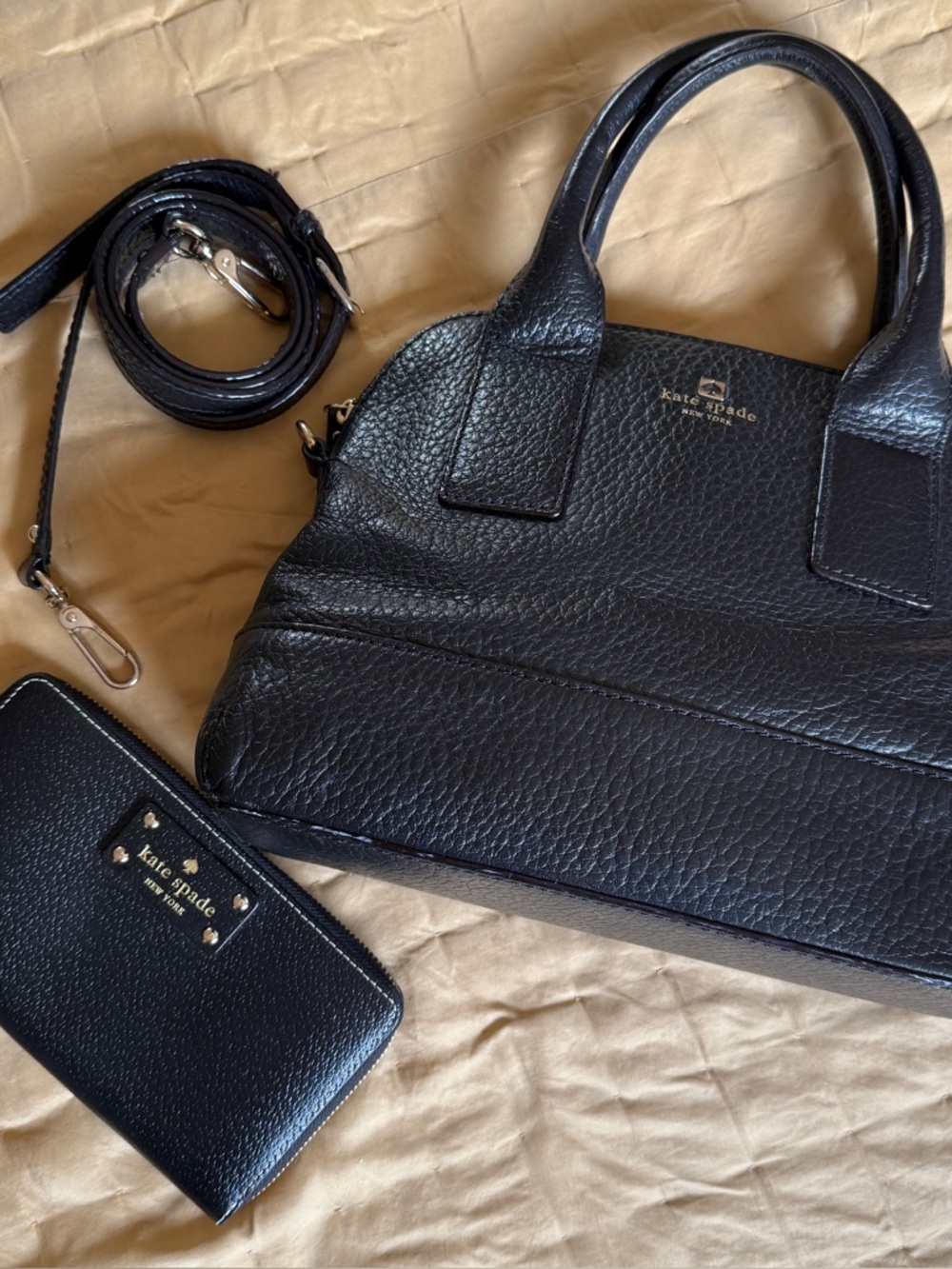 Kate Spade Black Pebbled Leather Satchel with Crossbody Strap & Wallet